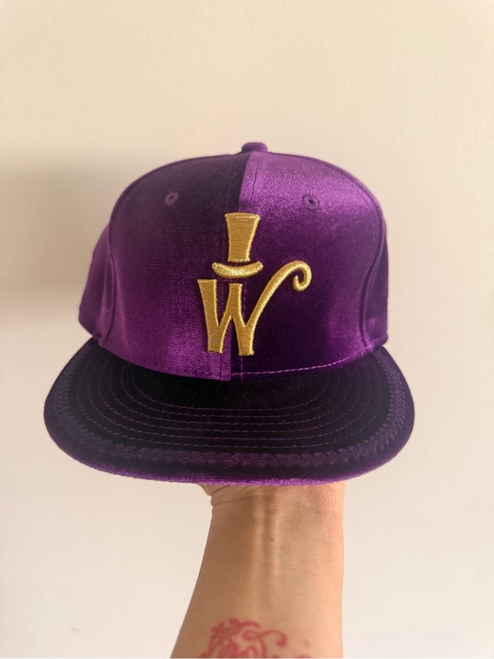 Purple Velvet Fitted Hat with Gold Embroidered Wonka Logo